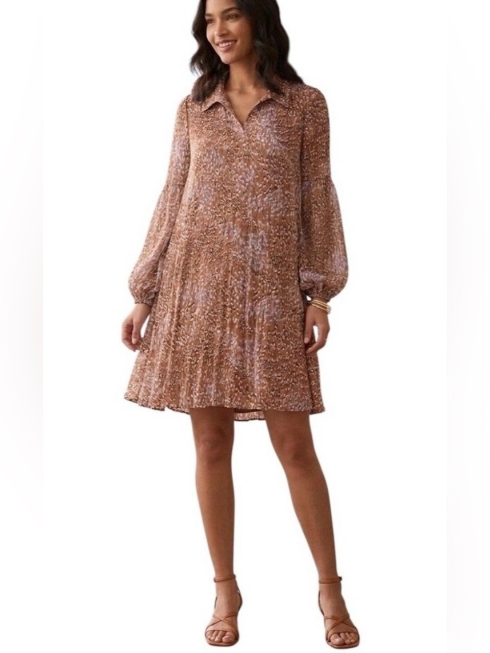 Nine West Pleated Mini A-Line Dress Sz Small Sheer Blouson Sleeves Cafe Brown